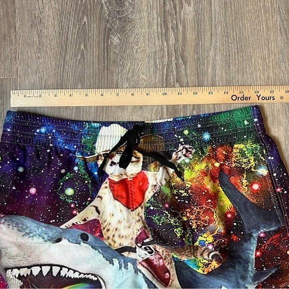 Cowboy Cat Riding Rainbow Shark Double Sided Swim Trunks Elastic Waistband Men M - Picture 2 of 8